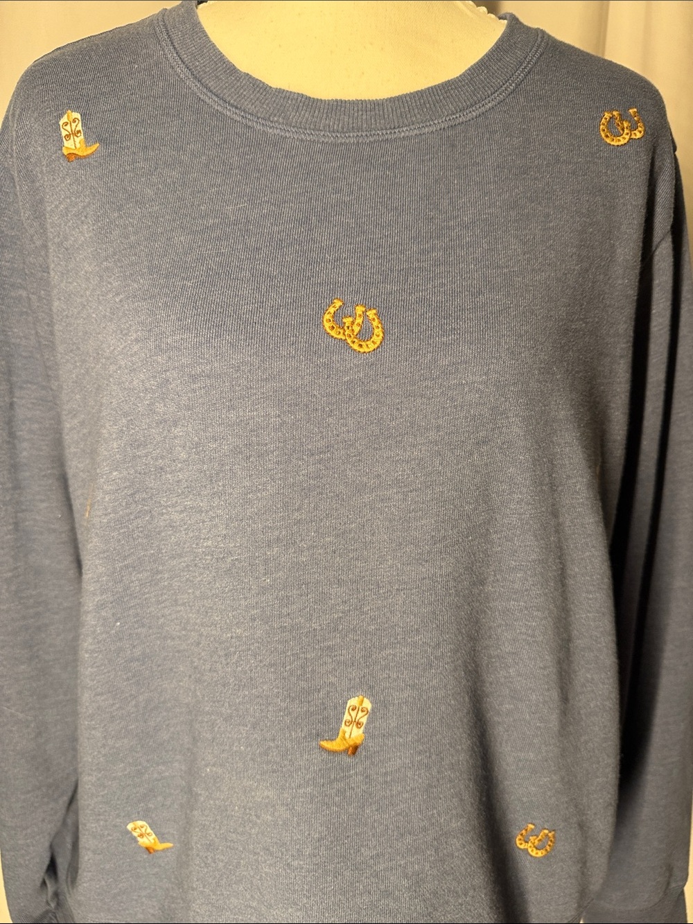 Lucky Brand Blue Embroidered Crewneck Sweater with Gold Western Accents - Picture 2 of 7